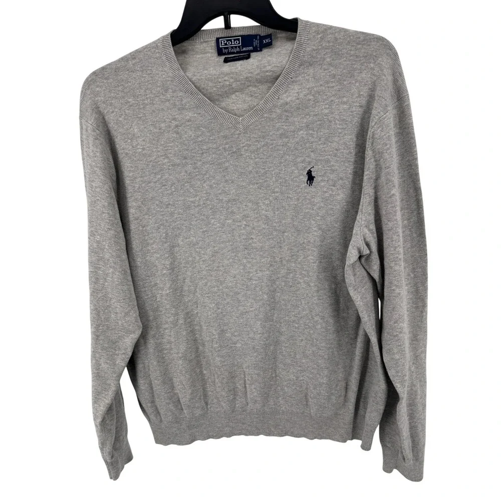 Polo by Ralph Lauren Sweater Mens XXL V Neck Gray‎ Pima Cotton Sweater Classic